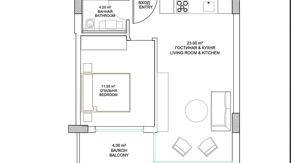Двухкомнатная 1+1 с видом на море